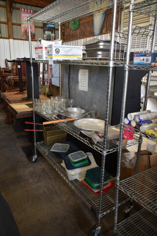 ALL ONE MONEY! Lot of Various Items on Shelving Unit Including Glasses, Fry Baskets, Poly Lids. Does Not Include Shelving Unit. 
