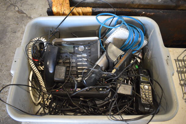 ALL ONE MONEY! Lot of Various Items Including Phone on Cradle and Various Wires in Gray Bus Bin!