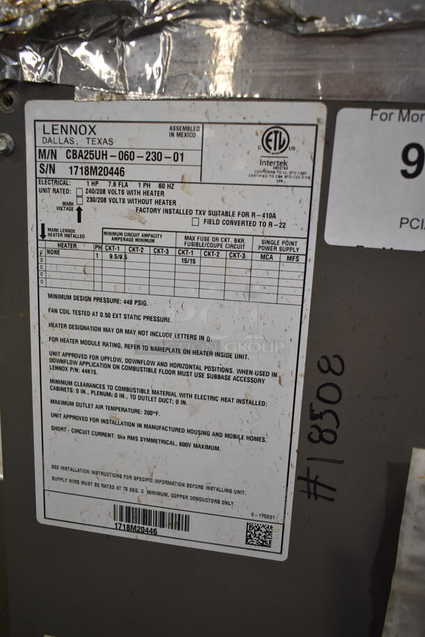 Lennox CBA25UH-060-230-01 Metal Air Handler. 208/230-240 Volts, 1 Phase.  - Image 5 of 5