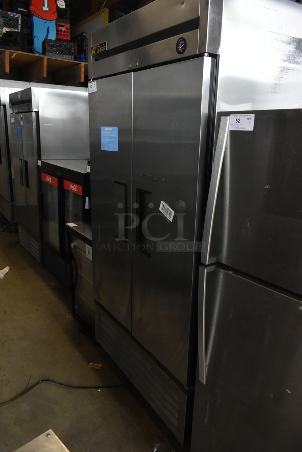 2015 True T-35 Stainless Steel Commercial 2 Door Reach In Cooler w/ Poly Coated Racks on Commercial Casters. 115 Volts, 1 Phase. Tested and Working!