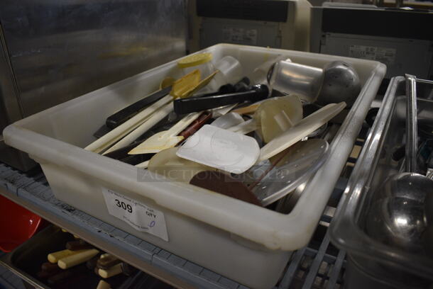 ALL ONE MONEY! Lot of Various Utensils and Food Processor Blade in White Poly Bin! 18x26x6 - Image 3 of 5