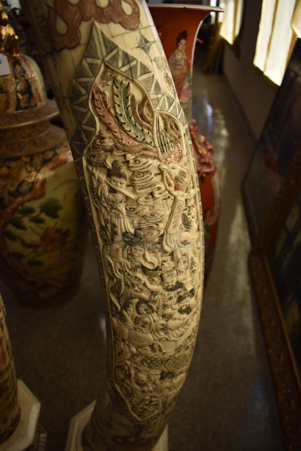 2 Carved Bone Elephant Tusk Shaped Statues. 2 Times Your Bid! - Image 5 of 10