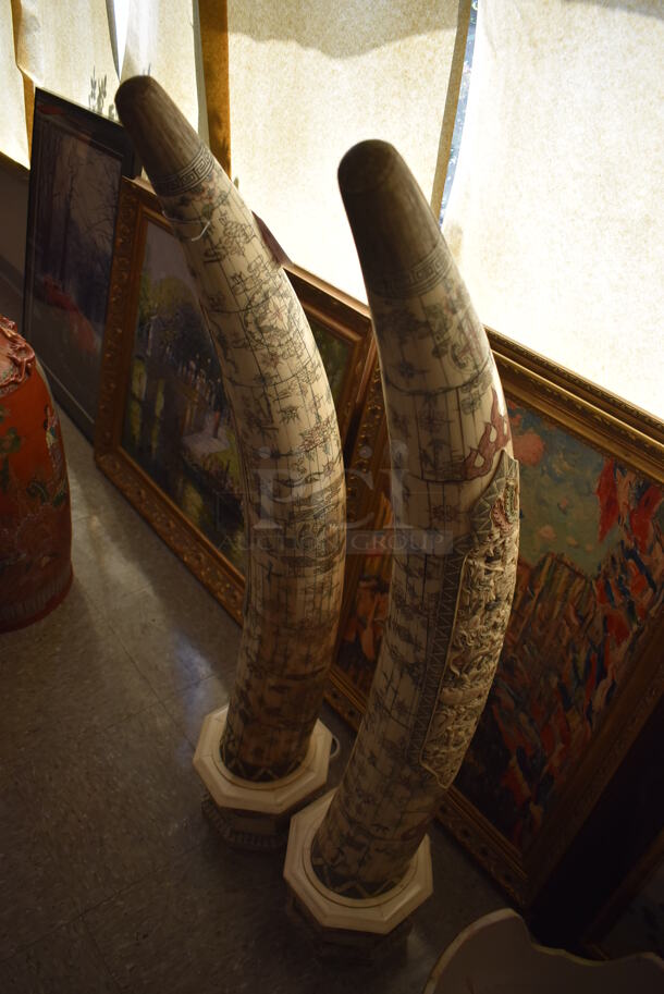 2 Carved Bone Elephant Tusk Shaped Statues. 2 Times Your Bid! - Image 8 of 10