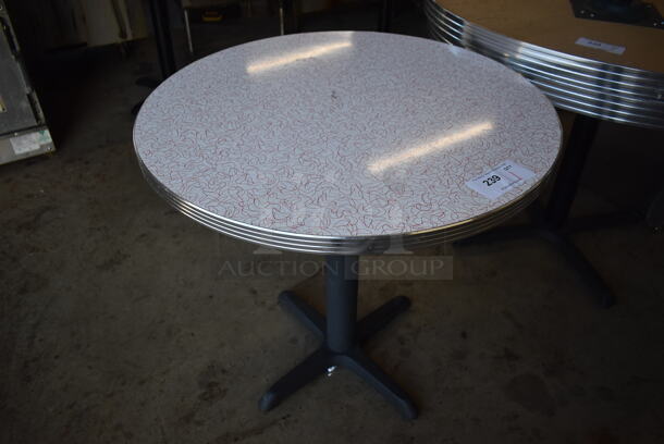 White Round Dining Height Table w/ Red and Gray Pattern on Black Metal Base. 30x30x30