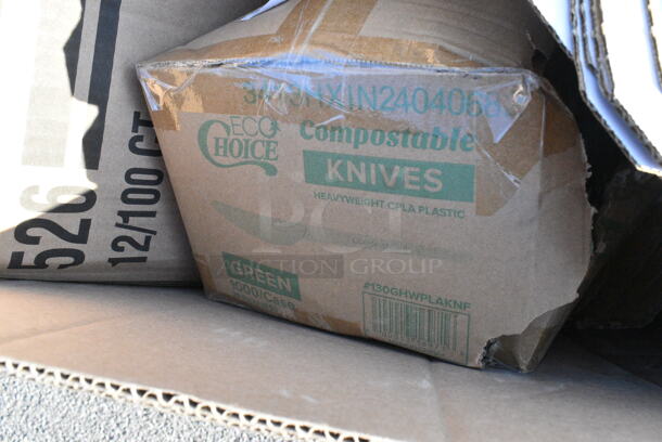 20 BRAND NEW Boxes Including 346WKFSNM Choice Medium Weight White Wrapped Plastic Cutlery Set with Napkin - 250/Case, 245CB10WHITE Choice White Customizable Corrugated Plain Pizza Box, 130GHWPLAKNF EcoChoice Heavy Weight 6 1/2" Green CPLA Plastic Knife - 1000/Case, Dart 90HTPF3VR 9" x 9" x 3" White Foam Square Vented 3 Compartment Take Out Container with Perforated Hinged Lid. 20 Times Your Bid!  - Image 8 of 12