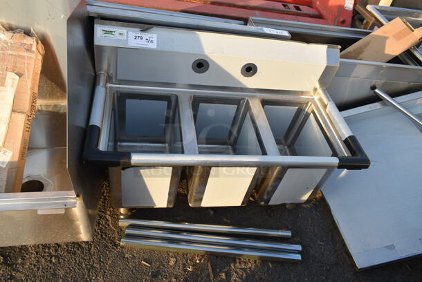BRAND NEW SCRATCH AND DENT! Regency 600S31014 39" 16-Gauge Stainless Steel Three Compartment Commercial Sink with Galvanized Steel Legs and without Drainboards - 10" x 14" x 12" Bowls. Missing 1 Leg.  - Image 2 of 9