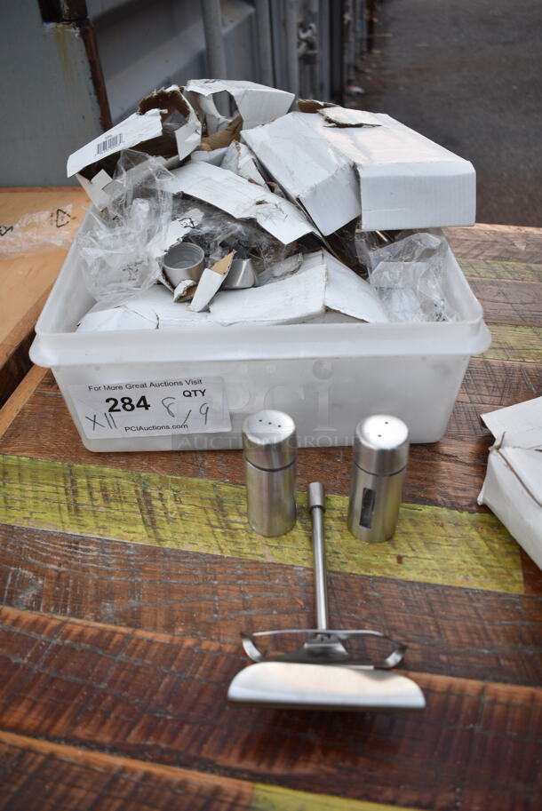 ALL ONE MONEY! Box of Various NEW Items Including Salt Shakers.  - Image 1 of 5