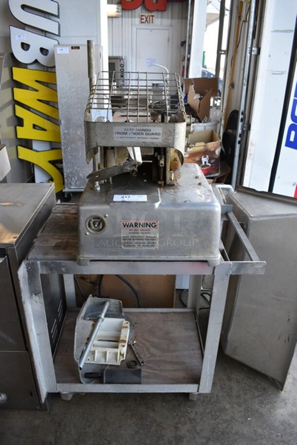 Hollymatic Super Model 54 Metal Commercial Countertop Patty Making & Forming Machine w/ Tray on Metal Commercial Portable Cart. 200 Volts, 3 Phase. 34x28x56.
