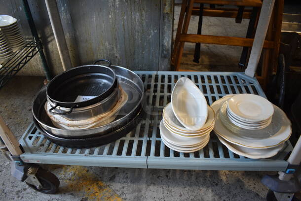 ALL ONE MONEY! Tier Lot of Approximately 15 Various Dishes, Metal Pot and Sifter. Includes 15.5x15.5x3