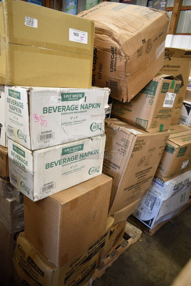 PALLET LOT of 30 BRAND NEW Boxes Including 2 Box 5001BNAP Choice White Beverage Cocktail Napkin 4000/case, 500MFTN Lavex Natural Brown Kraft M-Fold (Multifold) Towel - 4000/Case, 2 Bundle 245CB12 WHITE Choice 12" x 12" x 2" White Customizable Corrugated Plain Pizza Box - 50/Bundle, 795KFTL4PE Choice 4 oz. Round PET Take-Out Lid - 1000/Case, Choice Black 2 oz Portion Cups, 2 Box 612FS1116 Choice Full Size Foil Steam Table Pan Shallow 1 11/16" Depth - 50/Case, Choice Food Containers, 50012W Choice 12 oz. White Poly Paper Hot Cup - 1000/Case, Dart 60HT1 White Foam Hinged Lid Container 6" x 6" x 3" - 500/Case, CH24DEF 24 oz. Tamper-Resistant, Tamper-Evident Hinged Container, 831741 Cinnamon Buns Clam clear pet hinged containers. 30 Times Your Bid! - Image 1 of 12