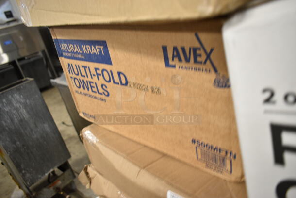 PALLET LOT of 30 BRAND NEW Boxes Including 2 Box 5001BNAP Choice White Beverage Cocktail Napkin 4000/case, 500MFTN Lavex Natural Brown Kraft M-Fold (Multifold) Towel - 4000/Case, 2 Bundle 245CB12 WHITE Choice 12" x 12" x 2" White Customizable Corrugated Plain Pizza Box - 50/Bundle, 795KFTL4PE Choice 4 oz. Round PET Take-Out Lid - 1000/Case, Choice Black 2 oz Portion Cups, 2 Box 612FS1116 Choice Full Size Foil Steam Table Pan Shallow 1 11/16" Depth - 50/Case, Choice Food Containers, 50012W Choice 12 oz. White Poly Paper Hot Cup - 1000/Case, Dart 60HT1 White Foam Hinged Lid Container 6" x 6" x 3" - 500/Case, CH24DEF 24 oz. Tamper-Resistant, Tamper-Evident Hinged Container, 831741 Cinnamon Buns Clam clear pet hinged containers. 30 Times Your Bid! - Image 2 of 12