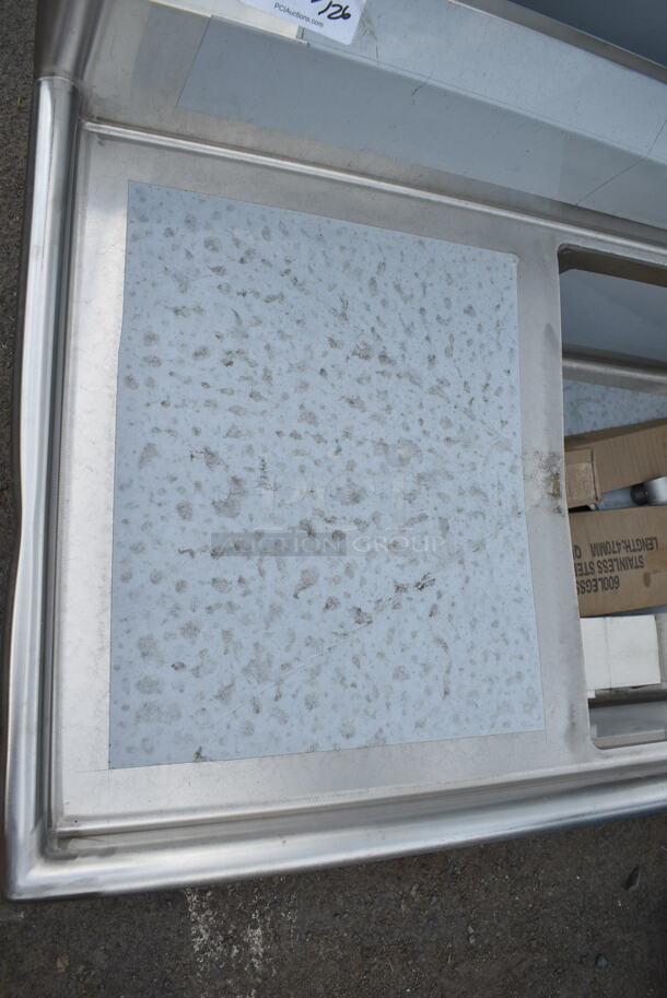 BRAND NEW SCRATCH AND DENT! Regency 600S22424224 98" 16 Gauge Stainless Steel Two Compartment Commercial Sink with Galvanized Steel Legs and 2 Drainboards - 24" x 24" x 14" Bowls.  - Image 7 of 9