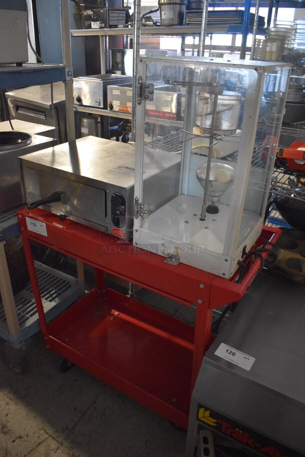 Red Metal Cart w/ Avantco 177CPO12TS Stainless Steel Snack Pizza Oven and Super Pretzels Metal Pretzel Warmer. 33x16x51. Tested and Working!