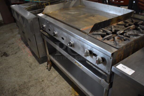 Jade Range Stainless Steel Commercial Countertop Natural Gas Powered Flat Top Griddle, 2 Burner Right Side Range on Commercial Equipment Stand w/ Commercial Casters. 48x31x39 - Image 2 of 7