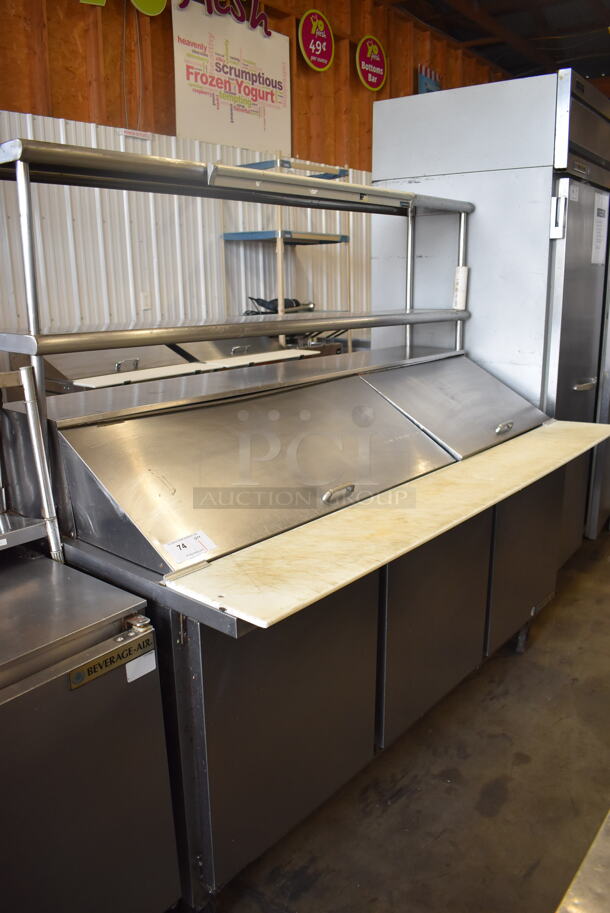 Beverage Air SPE72-30M Stainless Steel Commercial Sandwich Salad Prep Table Bain Marie Mega Top on Commercial Casters w/ 2 Tier Over Shelf. 115 Volts, 1 Phase. 72x38x56. Tested and Working!