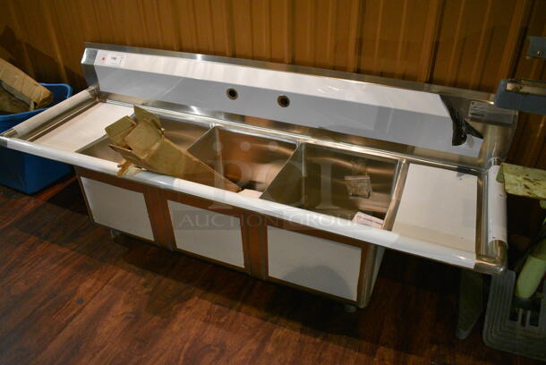 BRAND NEW SCRATCH AND DENT! Advance Tabco FE-3-1416-12RL Stainless Steel Commercial 3 Bay Sink w/ Dual Drain Boards. Comes w/ Drains and Legs! 66x22x24. Legs 24". Bays 14x16x12. Drain Boards 10x17x2 - Image 2 of 7