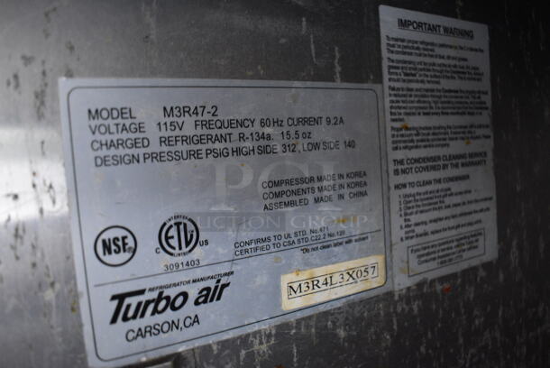 Turbo Air Model M3R47-2 Stainless Steel Commercial 2 Door Reach In Cooler w/ Poly Coated Racks on Commercial Casters. 115 Volts, 1 Phase. 52x32x82. Tested and Working! - Image 6 of 7
