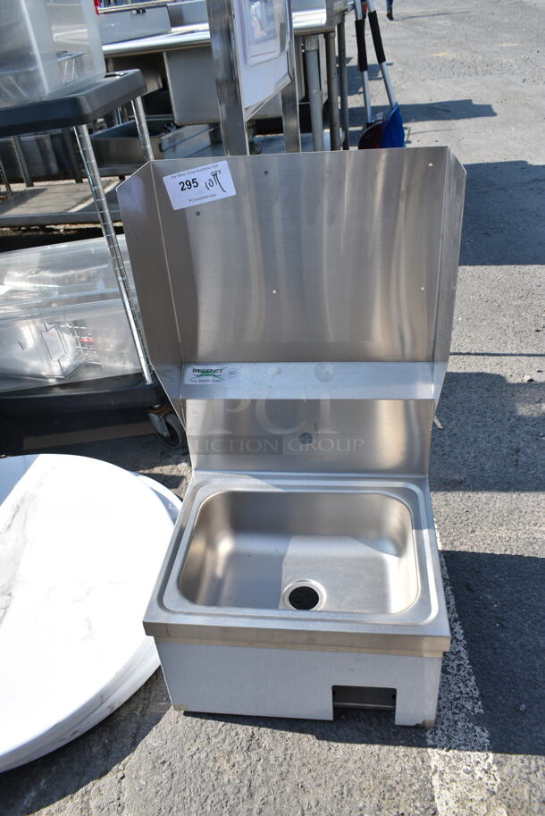 BRAND NEW SCRATCH AND DENT! Regency 600HS17KSPT Stainless Steel Single Bay Wall Mount Hands Free Sink w/ Back Splash.  - Image 2 of 6