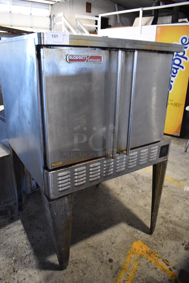 Blodgett Zephaire Stainless Steel Commercial Gas Powered Full Size Convection Oven w/ Solid Doors, Metal Oven Racks and Thermostatic Controls on Metal Legs. 38x39x63