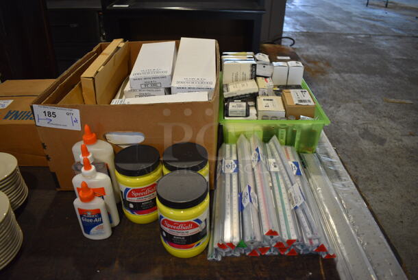 ALL ONE MONEY! Lot of Various BRAND NEW Items Including 4 Bottles of Glue, 3 Screen Printing Ink, 20 Alvin Triagular Scales, Alvin Center Finding Rules and French Curves