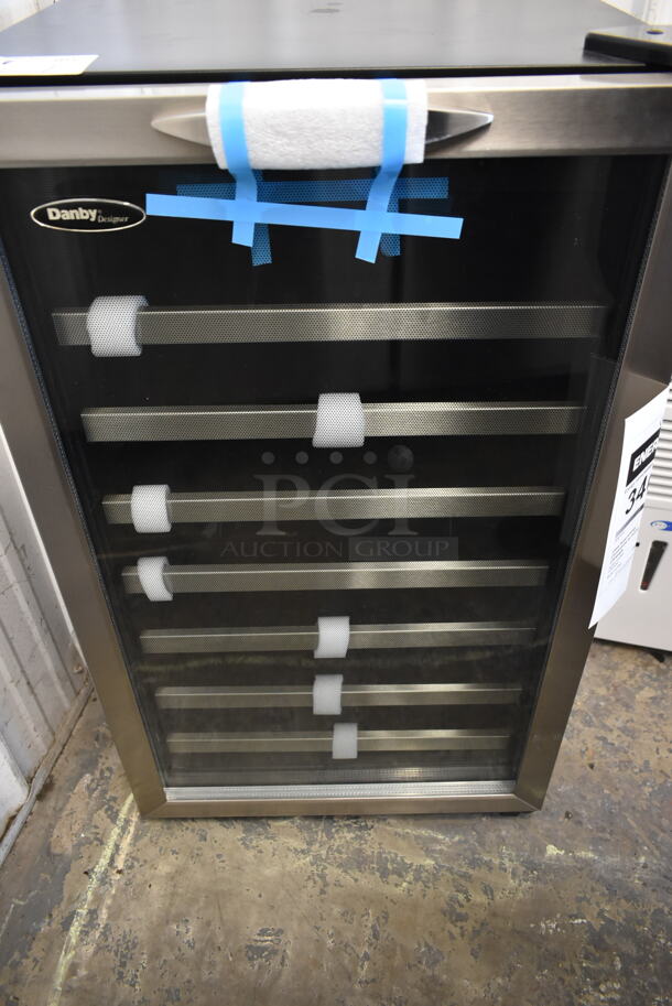 BRAND NEW SCRATCH AND DENT! Danby Designer Series DWC458BLS 20 Inch Wine Cellar with 45 Bottle Capacity, 7 Slide-Out Wooden Racks, Blue LED Lighting and Tempered Glass Door. 115 Volts, 1 Phase. Tested and Working! - Image 2 of 4