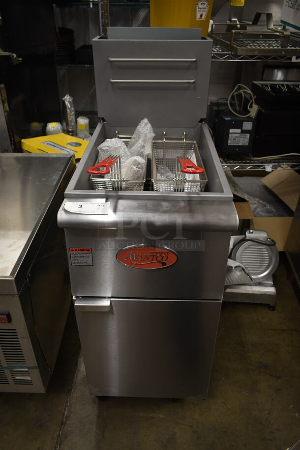 BRAND NEW SCRATCH AND DENT! 2023 Avantco 177FF50L Stainless Steel Commercial Floor Style Propane Gas Powered Deep Fat Fryer w/ 2 Metal Fry Baskets on Commercial Casters. 120,000 BTU. Tested and Working!