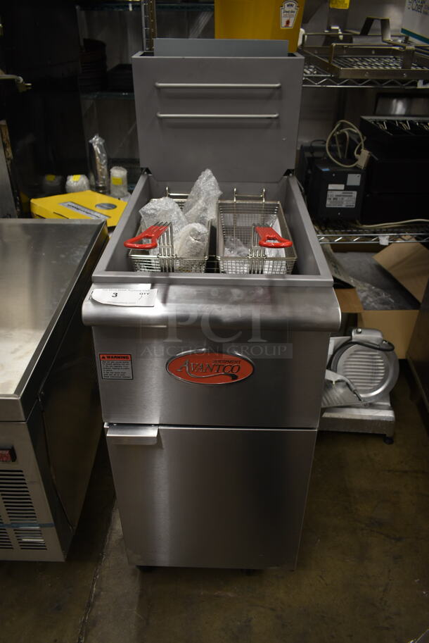 BRAND NEW SCRATCH AND DENT! 2023 Avantco 177FF50L Stainless Steel Commercial Floor Style Propane Gas Powered Deep Fat Fryer w/ 2 Metal Fry Baskets on Commercial Casters. 120,000 BTU. Tested and Working! - Image 1 of 5