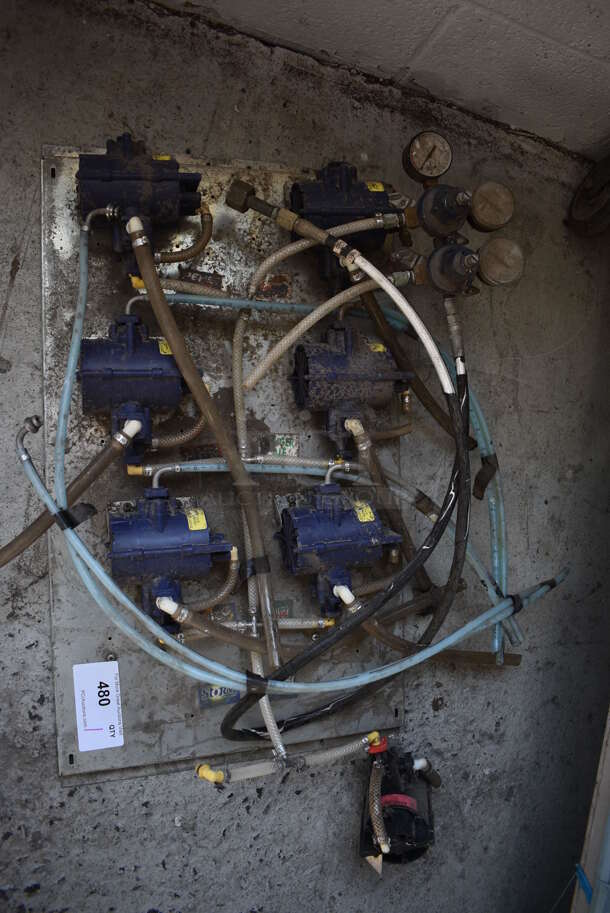7 Soda Pumps on Metal Plank. 7 Times Your Bid! - Image 1 of 3