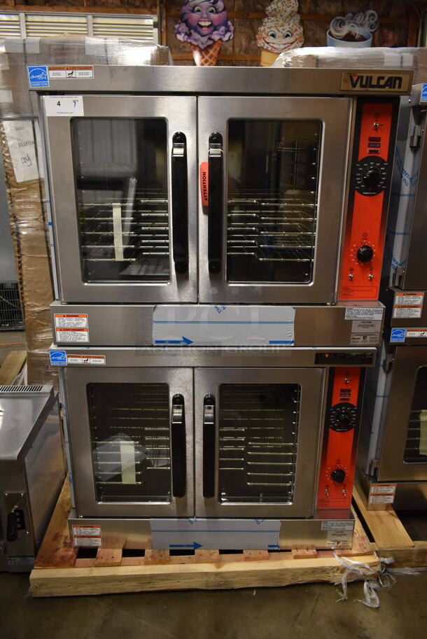 2 BRAND NEW SCRATCH AND DENT! Vulcan VC4GD-11D150K ENERGY STAR Stainless Steel Commercial Gas Powered Full Size Convection Oven w/ View Through Doors, Metal Oven Racks and Thermostatic Controls. 2 Times Your Bid! Tested and Working!