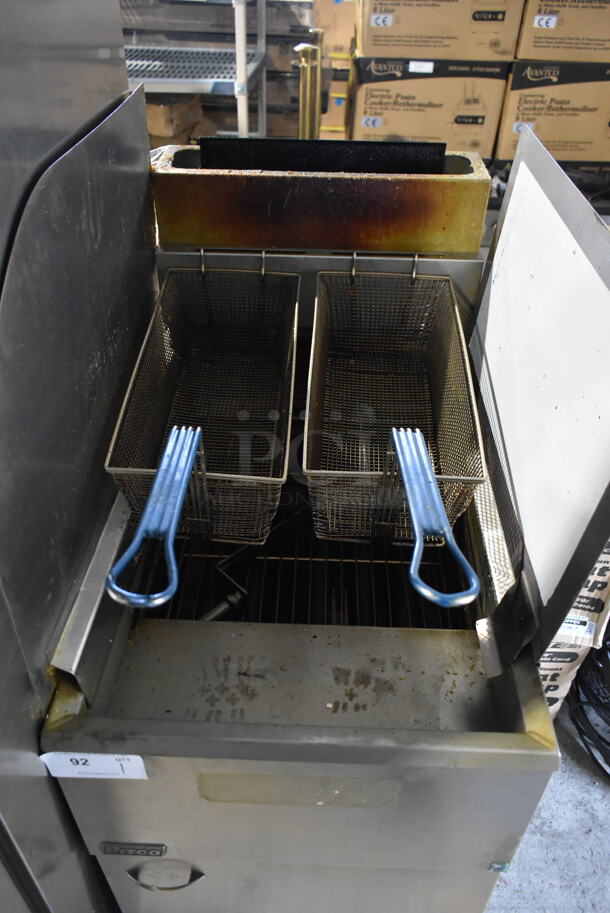 2019 Pitco Frialator 65C Stainless Steel Commercial Floor Style Natural Gas Powered 65 Pound Capacity Deep Fat Fryer w/ 2 Metal Fry Baskets and Side Splash Guard. 150,000 BTU. - Image 2 of 6