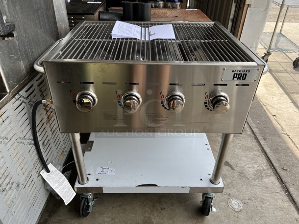 BRAND NEW! Backyard Pro Model GC402 Stainless Steel Commercial Propane Gas Powered Countertop Charbroiler Grill w/ Under Shelf. Stock Picture Used For Gallery. 15,000 BTU. 30x25x17