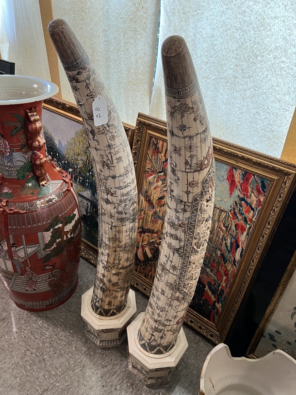 2 Carved Bone Elephant Tusk Shaped Statues. 2 Times Your Bid! - Image 9 of 10