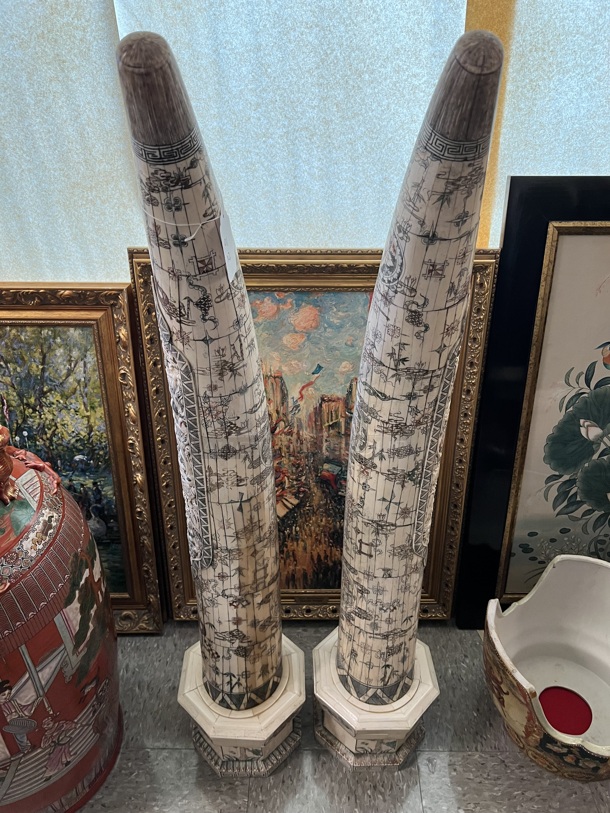 2 Carved Bone Elephant Tusk Shaped Statues. 2 Times Your Bid! - Image 1 of 10