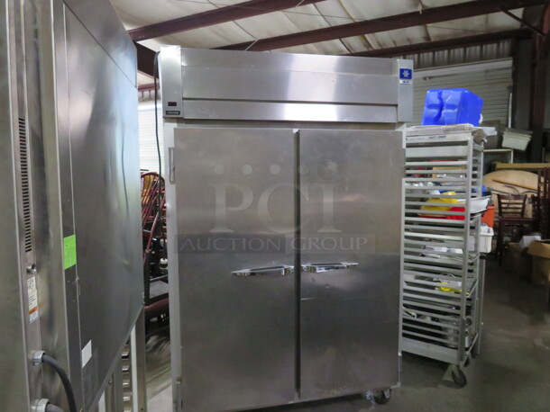 One McCall 2 Door Stainless Steel Freezer/And Or Refrigerator, With 6 Racks On Casters. 115 Volt. Model# 4-4045UFC. 55X33X85 - Image 2 of 3