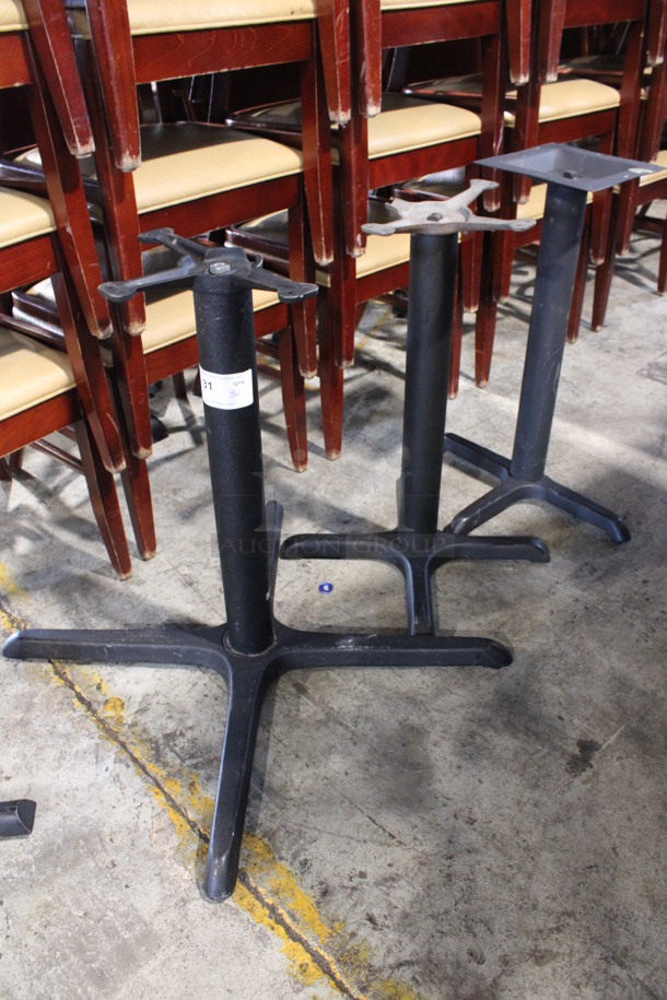 3 Various Black Metal Table Bases. See Pictures For Missing Parts. Includes 21x21x28. 3 Times Your Bid!