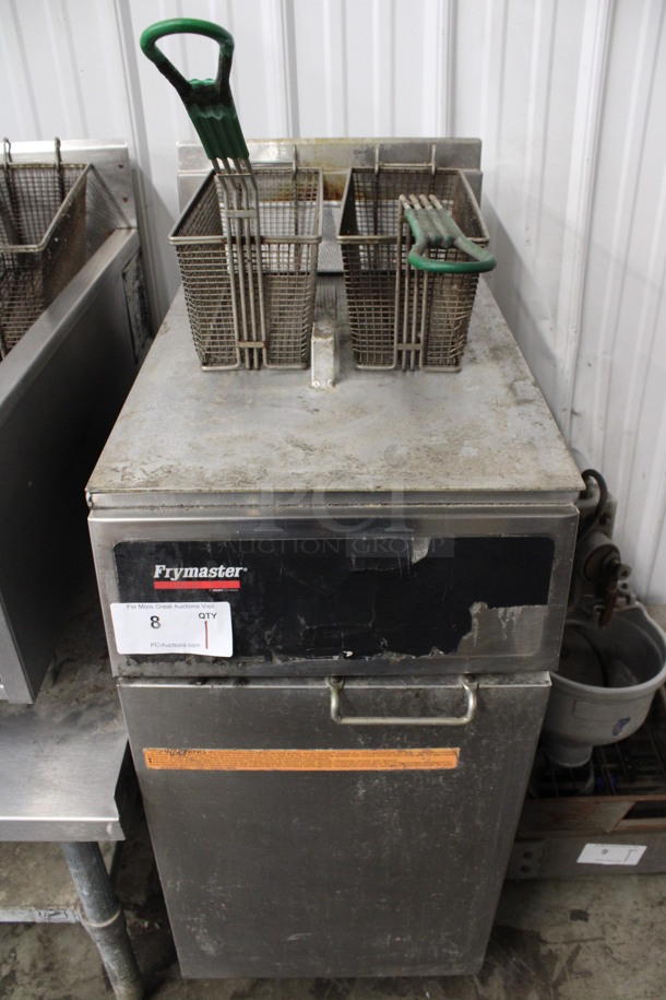 Frymaster Model GF14SD Stainless Steel Commercial Floor Style Natural Gas Powered Deep Fat Fryer w/ 2 Metal Fry Baskets and Lid. 100,000 BTU. 15.5x29x43