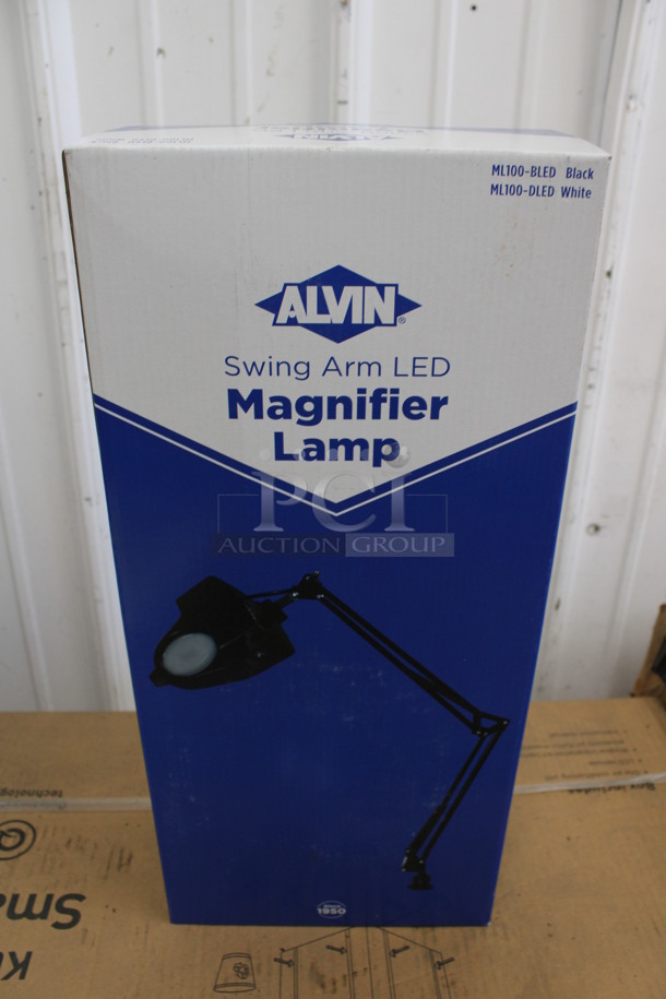 8 BRAND NEW IN BOX! Alvin ML100-BLED Black Metal Swing Arm LED Magnifier Lamp. 8 Times Your Bid!