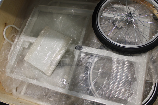 BRAND NEW SCRATCH AND DENT! 91546660 White Front Load Ice Cream Tricycle Bike with White Wooden Box. Missing a Wheel and Handlebars. - Image 5 of 5