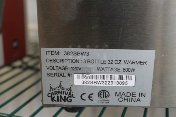 BRAND NEW SCRATCH AND DENT! Carnival King 382SBW3 Stainless Steel Commercial Countertop Triple 32 oz. Sauce / Topping Bottle Warmer. 120 Volts, 1 Phase. Tested and Working! - Image 5 of 5