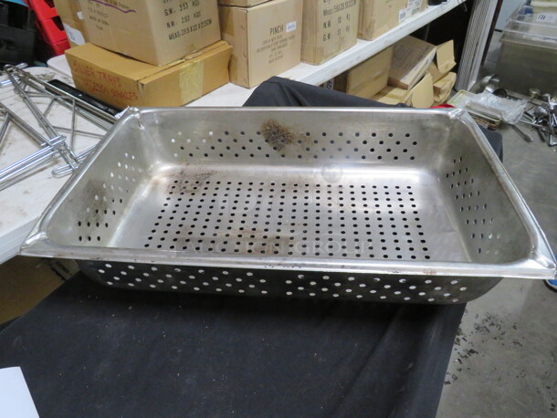 One Full Size 4 Inch Deep Perforated Stainless Steel Hotel Pan.