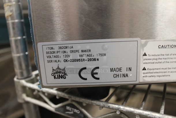 LIKE NEW! Carnival King 382CM16A Commercial Stainless Steel Electric Countertop Crepe Maker With Cast Iron Plate And  Metal T Spreader. 120V. Tested And Working! - Image 6 of 7