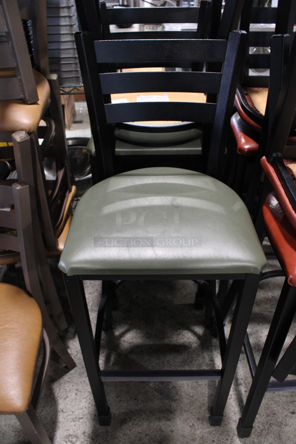 2 Black Metal Bar Height Chairs w/ Green Seat Cushion. 17x16x43. 2 Times Your Bid!