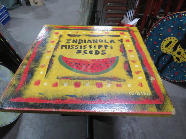 One 30X30X30 Painted  Table Top On A Pedestal Base. Indianola Mississippi Seeds. - Image 1 of 2