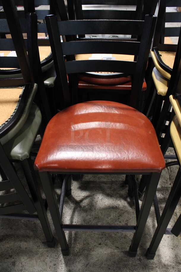 2 Black Metal Bar Height Chairs w/ Red Seat Cushion. 17x16x43. 2 Times Your Bid!
