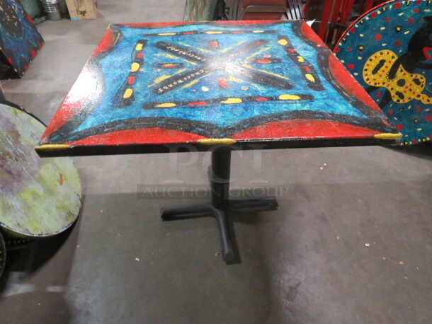 One 30X30X30 Painted  Table Top On A Pedestal Base. The Crossroads. - Image 2 of 2