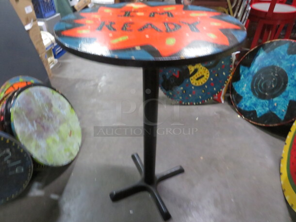 One 30X30X342 Abstract Round Painted  Table Top On A Bar Height Pedestal Base. Im Ready. - Image 2 of 2