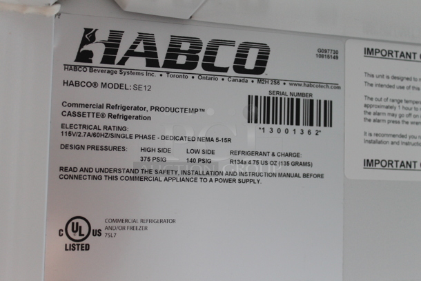 Habco SE12 Metal Commercial Single Door Reach In Cooler Merchandiser w/ Poly Coated Racks. 115 Volts, 1 Phase. Tested and Working! - Image 5 of 6