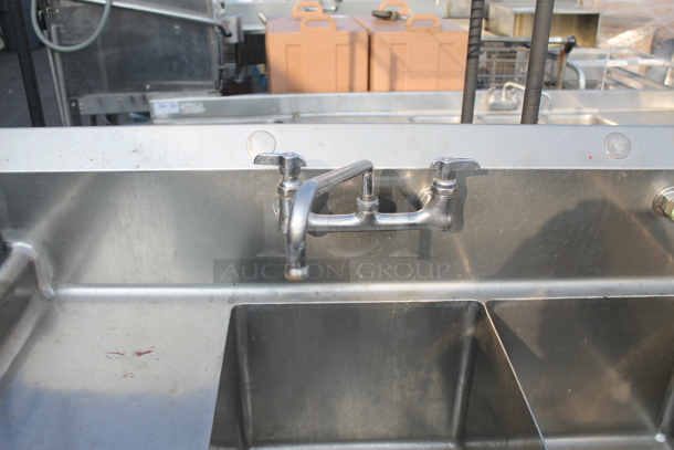 S&G Commercial Stainless Steel Flushmount 3 Bay Sink With Left Drain Board And Gooseneck Faucet on Galvanized Legs.  - Image 6 of 11