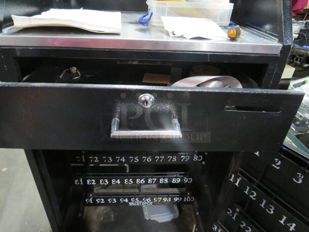 One Black Metal Valet/Hostess Stand With Umbrella Holder, Locking 1 Door/1 Drawer, On Casters. NO KEY! Will Hold 100 Car Keys. 24X19X48 - Image 5 of 5