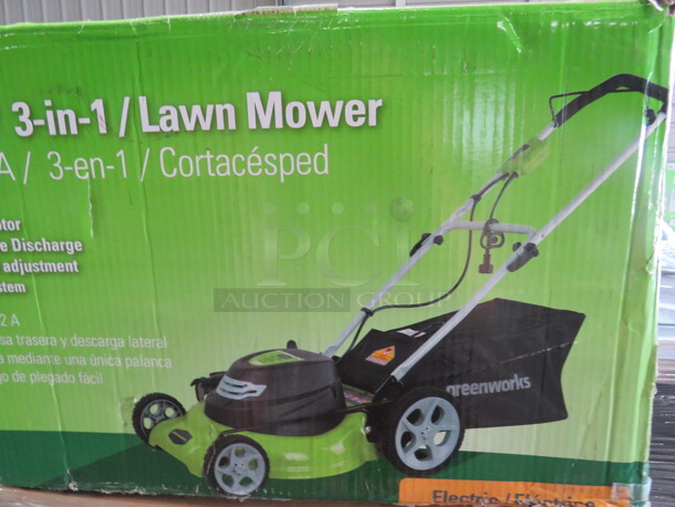 One Greenworks 20 Inch Lawnmower, With Bag Mulch And Side Discharge. 